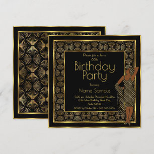Invitation Fête d'anniversaire élégante Art Déco noir or Dame