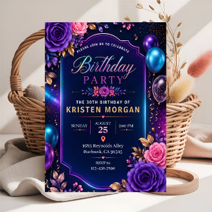 Invitation Fête d'anniversaire élégante aux fleurs néon