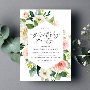 Invitation Fête d'anniversaire élégante avec cadre floral ros