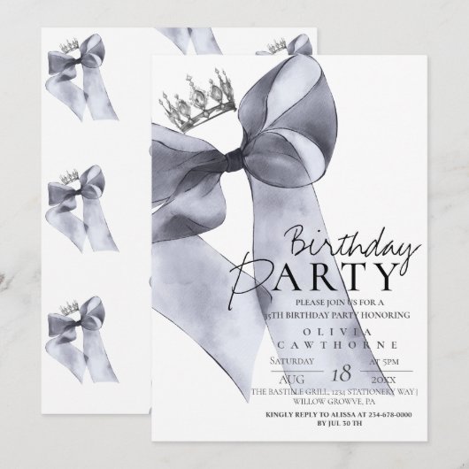 Invitation Fête d'anniversaire élégante avec un nœud noir (Devant / Derrière)