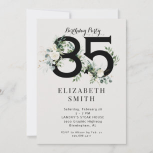 Invitation Fête d'anniversaire élégante blanche florale 85 an