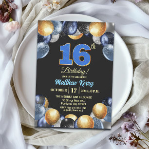 Invitation Fête d'anniversaire élégante bleu argent or 16 ans