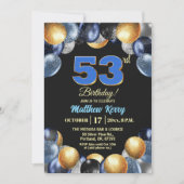 Invitation Fête d'anniversaire élégante bleu argent or 53 ans (Devant)