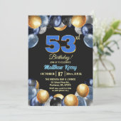 Invitation Fête d'anniversaire élégante bleu argent or 53 ans (Debout devant)