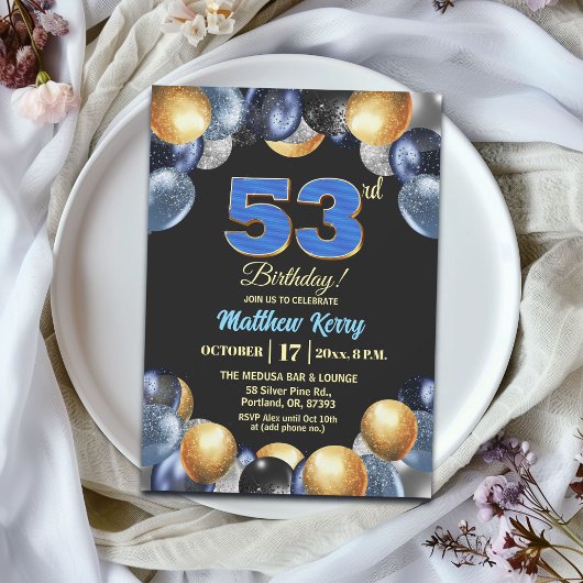 Invitation Fête d'anniversaire élégante bleu argent or 53 ans