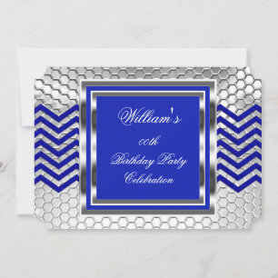 Invitation Fête d'anniversaire élégante bleu chevron argent p