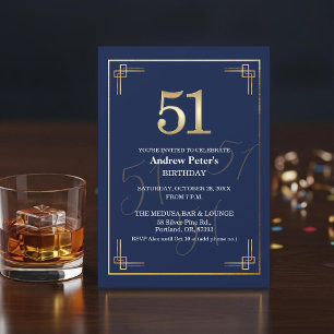 Invitation Fête d'anniversaire élégante Bleu Or 51 ans