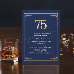 Invitation Fête d'anniversaire élégante Bleu Or 75 ans