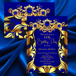 Invitation Fête d'anniversaire élégante Bleu Or Noir Damassé