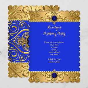 Invitation Fête d'anniversaire élégante bleu royal damassé or