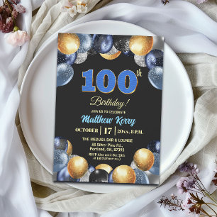 Invitation Fête d'anniversaire élégante bleue argent or 100 a
