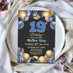 Invitation Fête d'anniversaire élégante bleue argent or 19 an