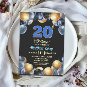 Invitation Fête d'anniversaire élégante bleue argent or 20 an