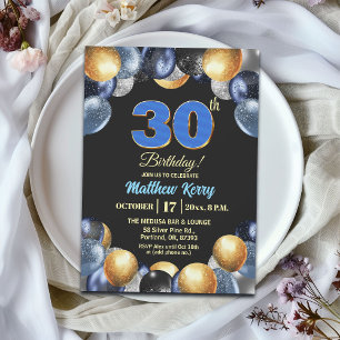 Invitation Fête d'anniversaire élégante bleue argent or 30 an