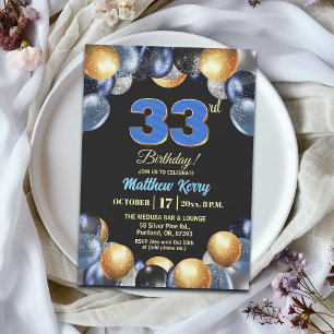 Invitation Fête d'anniversaire élégante bleue argent or 33 an