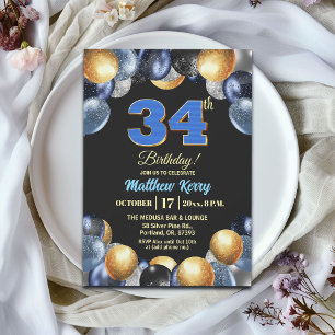 Invitation Fête d'anniversaire élégante bleue argent or 34 an