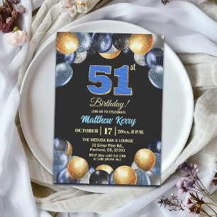 Invitation Fête d'anniversaire élégante bleue argent or 51 an