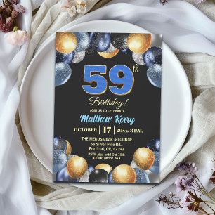 Invitation Fête d'anniversaire élégante bleue argent or 59 an