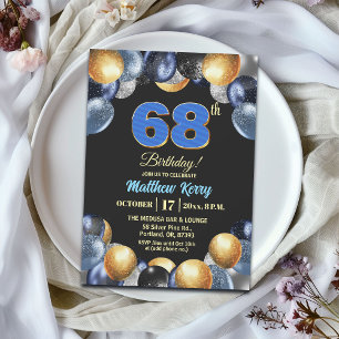 Invitation Fête d'anniversaire élégante bleue argent or 68 an