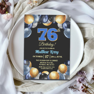 Invitation Fête d'anniversaire élégante bleue argent or 76 an