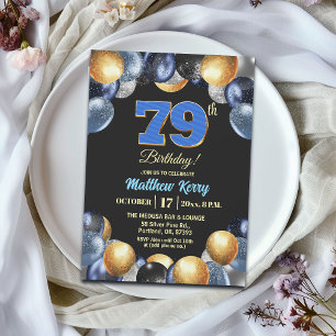 Invitation Fête d'anniversaire élégante bleue argent or 79 an