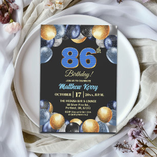 Invitation Fête d'anniversaire élégante bleue argent or 86 an