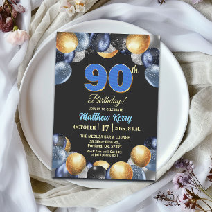 Invitation Fête d'anniversaire élégante bleue argent or 90 an