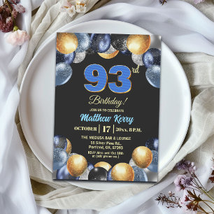 Invitation Fête d'anniversaire élégante bleue argent or 93ème