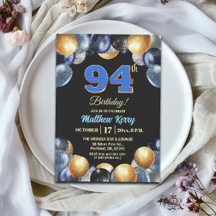 Invitation Fête d'anniversaire élégante bleue argent or 94 an