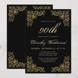 Invitation Fête d'anniversaire élégante cadre doré noir