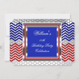 Invitation Fête d'anniversaire élégante chevron rouge bleu ar