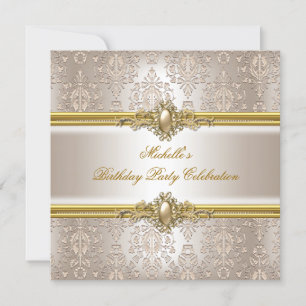 Invitation Fête d'anniversaire élégante Damassé Crème Or Perl
