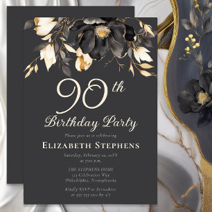 Invitation Fête d'anniversaire élégante de 90 ans avec fleurs