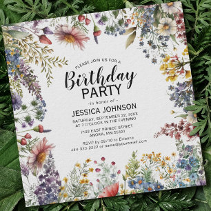 Invitation Fête d'anniversaire Élégante de Fleur Sauvage