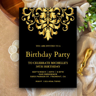 Invitation Fête d'anniversaire élégante en damas noir et or