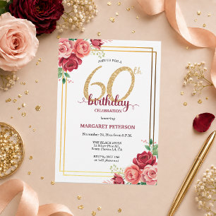 Invitation Fête d'anniversaire élégante Fleurs Rouge Doré 60