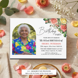 Invitation Fête d'anniversaire élégante florale avec photo 10