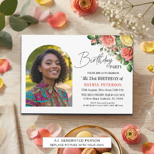 Invitation Fête d'anniversaire élégante florale avec photo 21
