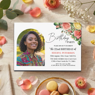 Invitation Fête d'anniversaire élégante florale avec photo 22