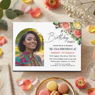 Invitation Fête d'anniversaire élégante florale avec photo 23
