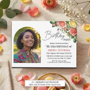 Invitation Fête d'anniversaire élégante florale avec photo 26