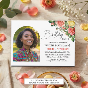 Invitation Fête d'anniversaire élégante florale avec photo 29