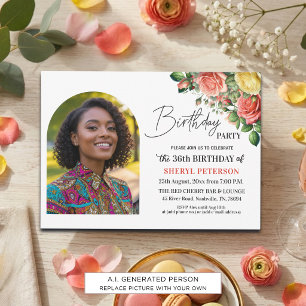 Invitation Fête d'anniversaire élégante florale avec photo 36