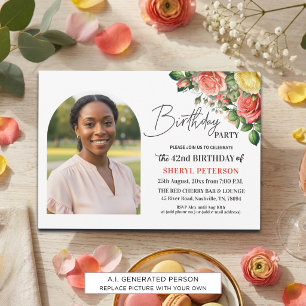 Invitation Fête d'anniversaire élégante florale avec photo 42