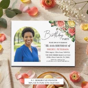 Invitation Fête d'anniversaire élégante florale avec photo 44