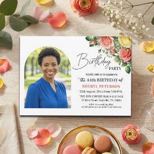 Invitation Fête d'anniversaire élégante florale avec photo 44