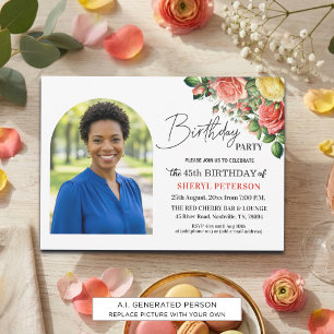 Invitation Fête d'anniversaire élégante florale avec photo 45