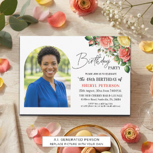 Invitation Fête d'anniversaire élégante florale avec photo 48
