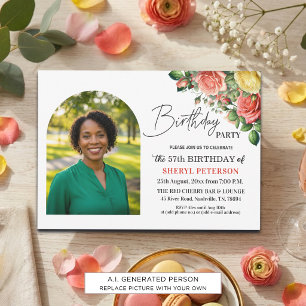 Invitation Fête d'anniversaire élégante florale avec photo 57