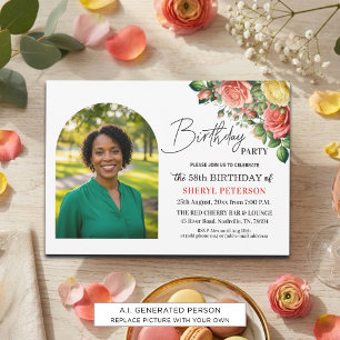 Invitation Fête d'anniversaire élégante florale avec photo 58